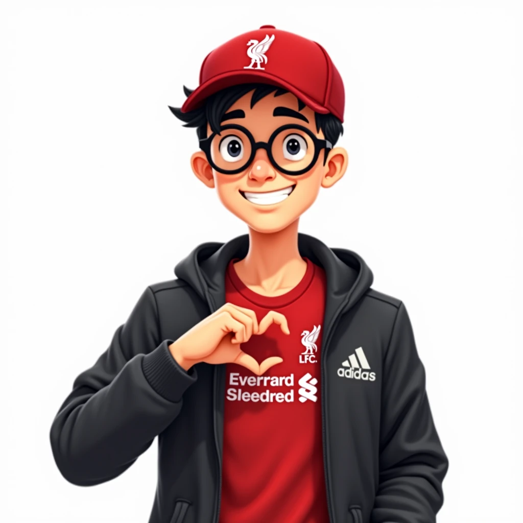 A minimalist cartoon image of a petite Portlaoise young man, about 30 years old, with short, black hair, wearing glasses, a Liverpool cap, smiling and making a mini heart with his hand. He wore a red Liverpool shirt on the inside, a black Adidas jacket on ...