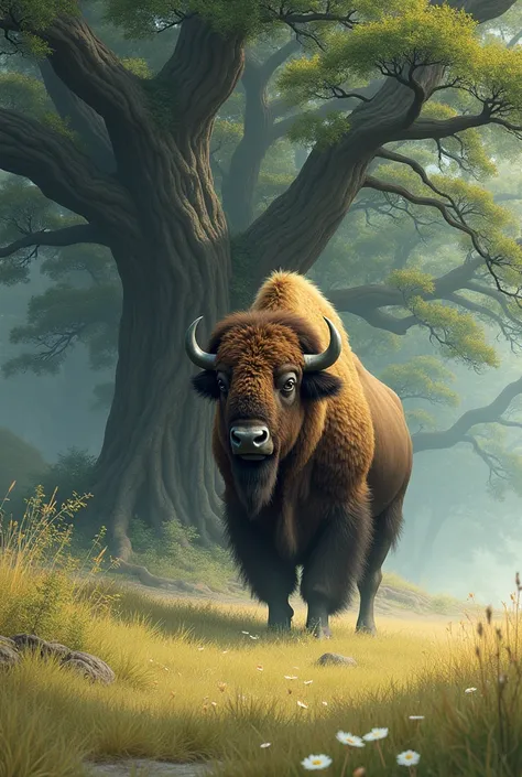 Bison on the grassfield in japan style, beheind him lot of tress 300 hundert years old 4 meter big, lot of wind 