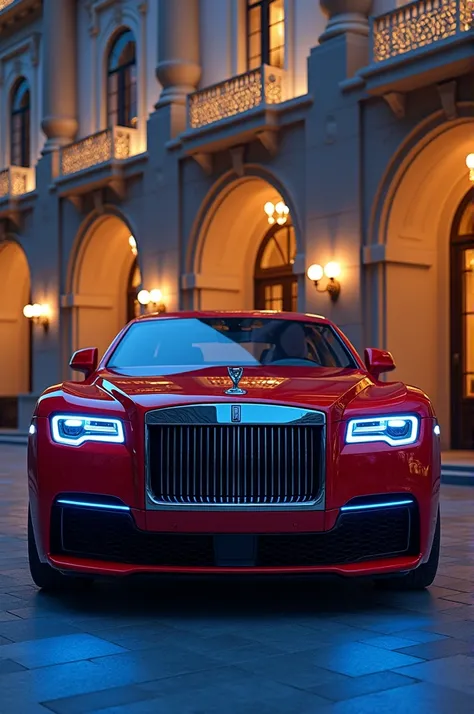 Red Rolls-Royce with blue lights and luxury hotel background