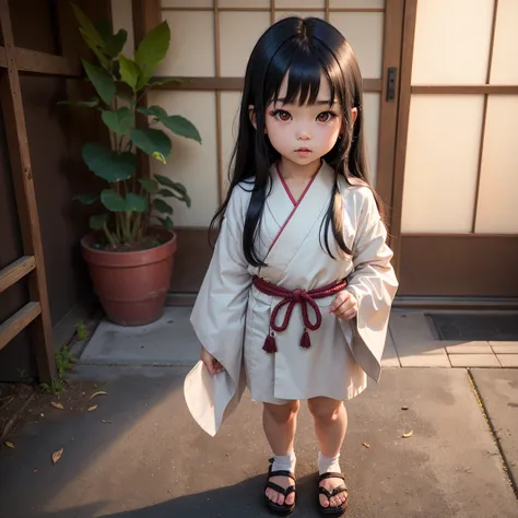 Japanese anime girl, nude, long black hair, dark eyes, Asian, child, standing, posing cute, portrait angle, 