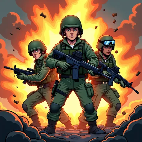 Cartoon style image showing three soldiers armed from the waist up, with an intense explosion in the background. Geanderson is in the center, with a forward stance and a rifle. William is on the left, with a determined expression and a rifle. Matheus is on...