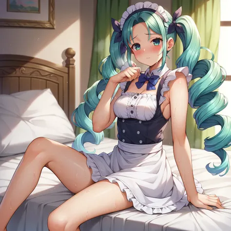 on the bed,sitting(blush,vapor,sweat:1.3),minato aqua, twin tails, drill hair,maid&#39;s headdress, cleavage, short sleeve, blue...