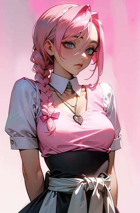 Cool women、(sexy)、Center of chest、Rize from Chainsaw Man、beauty、Yandere、、Face close-up、Kiss with your eyes closed、Chest tattoo、Christian Dior Necklace、(Background white)、(From the waist up)、((Pink Hair)).((Eye color: Pink)).((Braid)).((waitress)).