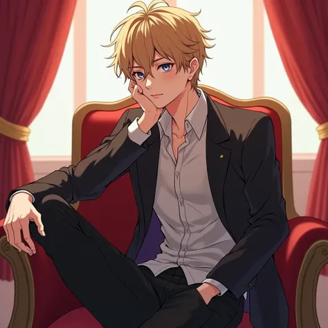 anime man sitting on a chair with his hand on his chin, handsome anime pose, Inspired by Bian Shoumin, official illustration, shigenori soejima illustration, anime portrait of a handsome man, Handsome boy in Demon Slayer art, official art, official illustr...