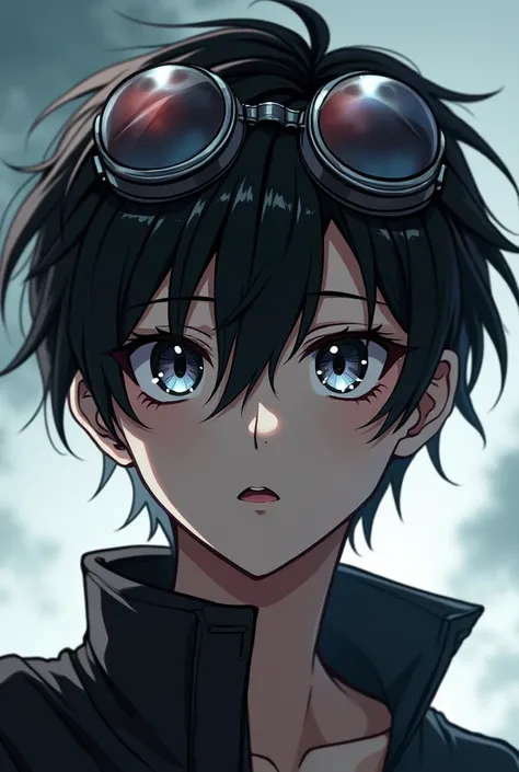 A anime character 22 year young boy with short hair floating on his forehead with scary big eyes with beautiful lips and beautiful face with goggles