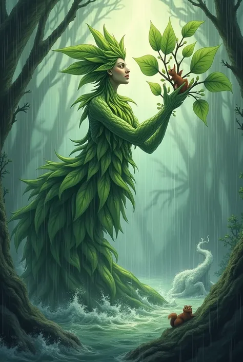 Illustrate Floribela in action, using her soft leaves as a bridge for a squirrel, creating a shelter for a bird, and helping a small frog leap to safety. The scene should show her bravery and kindness, with animals looking grateful and comforted despite th...