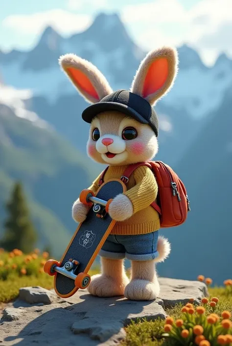 ((Highest quality)), ((masterpiece)), (detailed), ((front)), (photorealistic, ultra realistic photo), ((Holding a skateboard)), ((Plush Character)), A knitted rabbit wearing a black cap and carrying a backpack、Having fun at the top of the mountain。