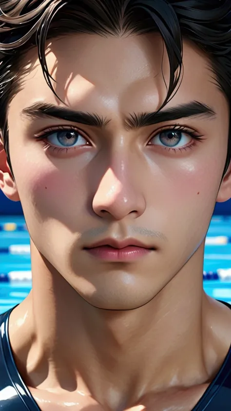 Japanese,23-28, Handsome and elegant,  fair skin, black eyes（thin eyes 1：3), (Super detailed, best quality, 4K, 8k, High resolution, masterpiece:1.3) he is a swimmer athlete, ready for the competition in the swimming pool. Serious look, The background is O...