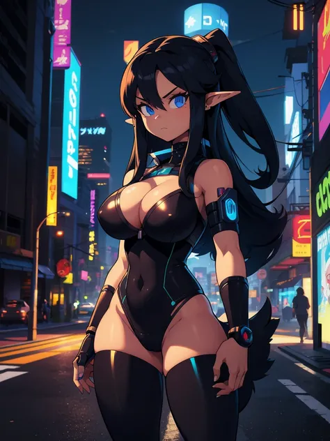 a cartoon picture of a girl with long black hair and a blue tail, commission for high res, elf girl, oc commission, 2d game fanart, hero 2 d fanart artsation, cel - shaded art style, game art!!, cyber tech border, close up, cyborg joints:1.0, showing cleav...