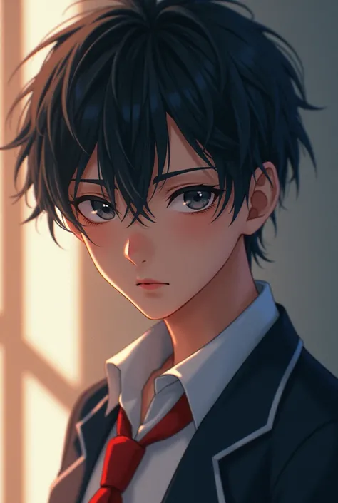 A anime character 22 year young boy with short hair floating on his forehead with scary big eyes with beautiful lips and beautiful face in school uniform