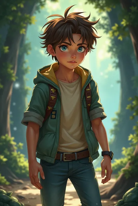 The protagonist meets a friend or magical creature, sharing a moment of friendship or teamwork.Character is a 14-16 -year-old boy with a natural curiosity and adventurous spirit. He has messy brown hair, light blue eyes, and a lean build, often dressed in ...