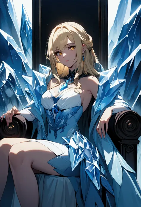 A beautiful woman with blonde hair and golden eyes sitting  on a throne made of ice and frost. Her power is ice she is very fair skinned. Ultra high quality.