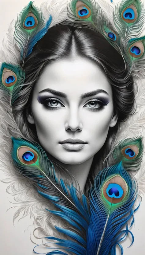 on a sheet of crisp, white paper, a beautiful woman is being meticulously drawn. her face, framed by delicate peacock feathers, ...