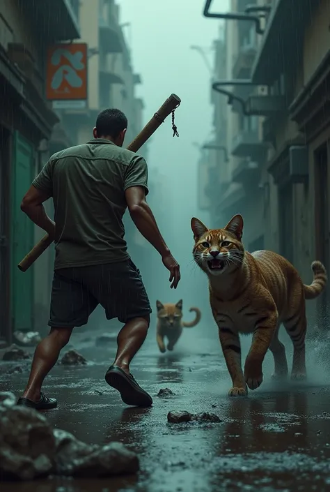 Generate an image of a human holding a stick and beating a big cat and two kittens，The kitten ran away in a hurry。Scene street alley，Rainy Day。