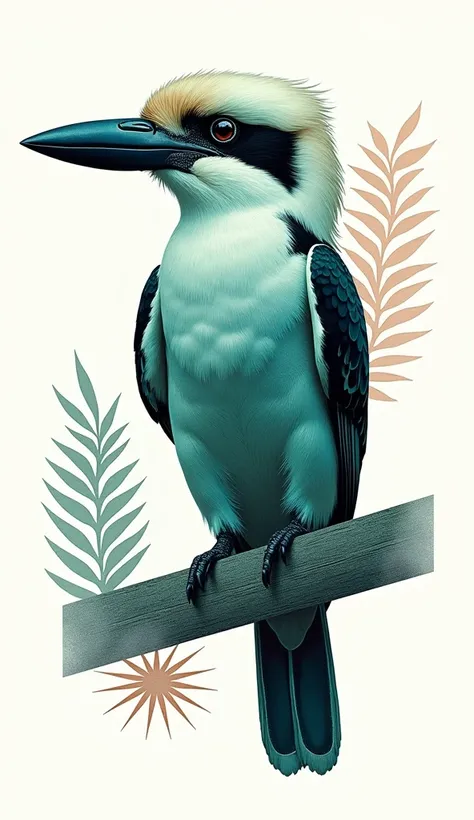 A vibrant, intricate double-exposure artwork featuring a majestic kookaburra in a bold, Art Deco-inspired silhouette, set against a stark, white background with skillfully utilized negative space that reveals intriguing shapes and patterns, all rendered in...