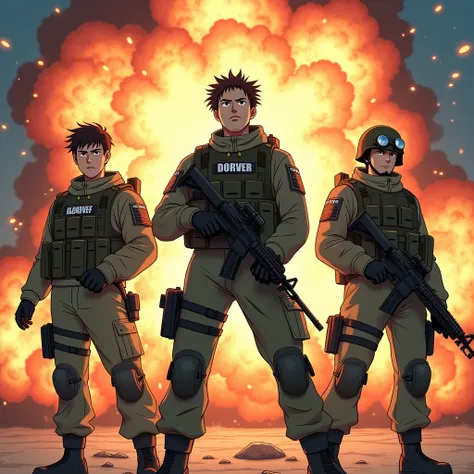 Anime style image featuring three soldiers armed from the waist up, in the face of a vibrant explosion. Geanderson is in the center, with a rifle and a dynamic pose. William is on the left, with a determined look and a rifle, in an action pose. Matheus is ...