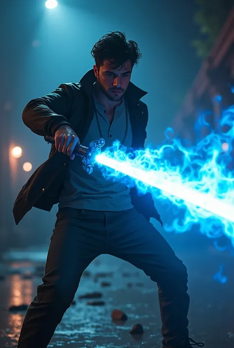 Young man in jeans and black jacket using a blue fire sword to fight 