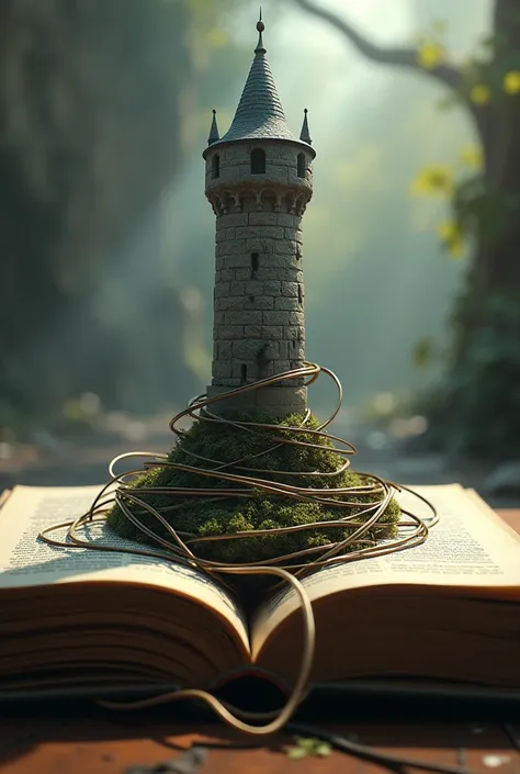 open book with the tower from the Rapunzel movie coming out of the book and a wired telephone tangled around the tower 
