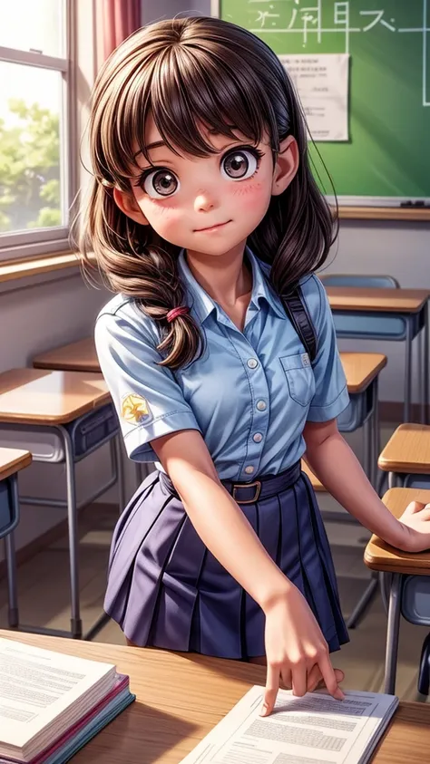 In a new classroom at a special needs school、A scene of a girl in uniform meeting a new friend。Although she was a little confused by her new environment,、A look of determination to move forward。Bright light pours into the new classroom.、A scene that convey...