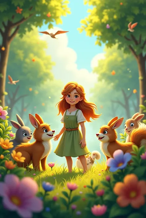 Depict a final cheerful scene with Floribela in the center, surrounded by her animal friends in a sunny and vibrant forest. The mood is joyful, with colorful flowers blooming and the animals celebrating. Floribela should look proud yet humble, highlighting...