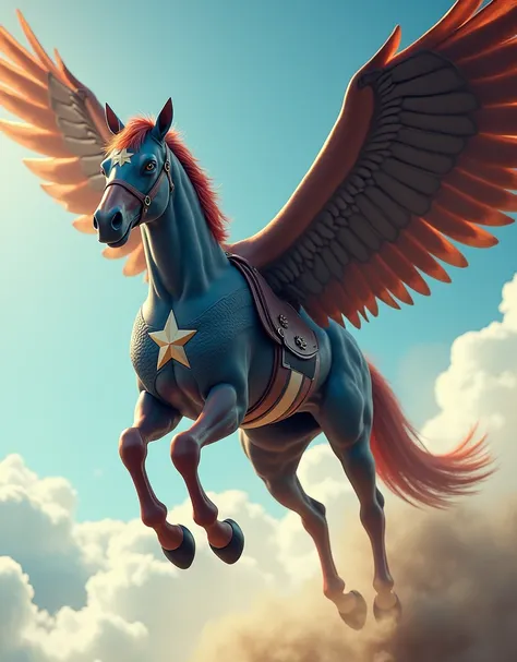 a hybrid creature, 1 part captain America, 1 part horse,horse is looking like captain America, horse wearing blue and white captain America suit, horse wearing captain America face mask, flying in the sky with big eagle wings, muscular like captain America...