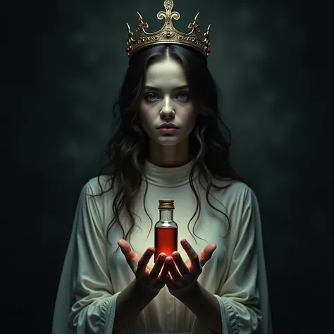 A girl holding a poison with a crown on her head. Make it large. While this girl is in dark like shade