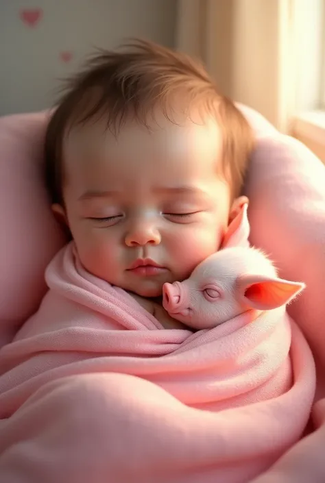 A happy baby girl, swaddled in a pink blanket, sleeping side by side with a tiny pink piglet, their sweet little noses twitching as they dream.