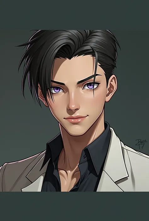 1male, 20 years old man, very tall, thin male build, exellent apparence, short male black hair, violet eyes, black t-shirt, look at the viewer, calm look, anime style, 16K, Best quality, high quality, accurate, masterpiece, uhd, retina, anatomically correc...