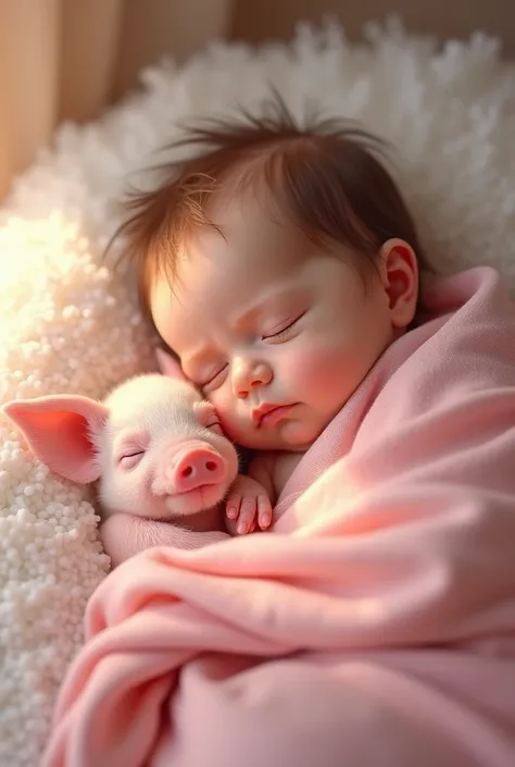 A happy baby girl, swaddled in a pink blanket, sleeping side by side with a tiny pink piglet, their sweet little noses twitching as they dream.