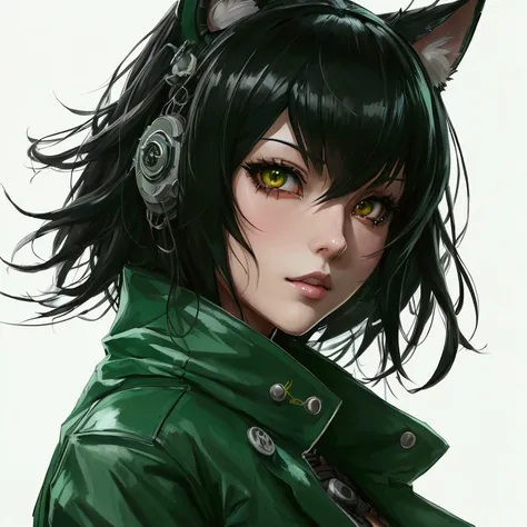 long black hair，Anime girl wearing green jacket, fleet collection style, The digital art of Danganronpa, Kushat Kenzi, detailed anime character art, pixiv, Full robot!! catwoman, Highest rated on pixiv, Actress 👀 :8, Rat Woman, anime character art, pixiv s...