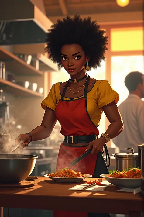 Image dune jeune femme africaine potelée qui fait la cuisine dans un restaurant alors que ses clients ont déjà faim et son impatient de manger 