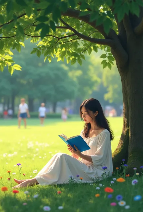 Create an image of a young woman sitting on the grass in a park, in the shade of a tree. She is reading a book with a blue cover. The scene takes place on a sunny day, with colorful flowers around and other people in the background enjoying the park. The w...