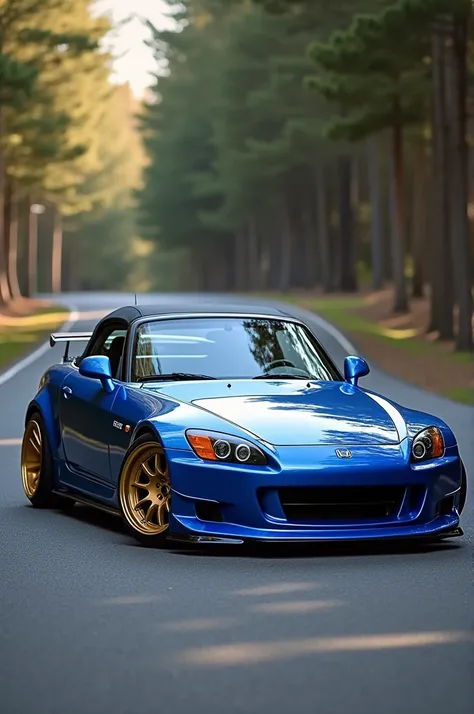 Lightly modified Honda S2000 blue bodykit with gold 19inch 10 spoke rims