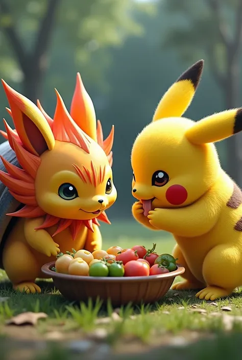 Realistic Carapuce, Pyroli, and Pikachu eating 