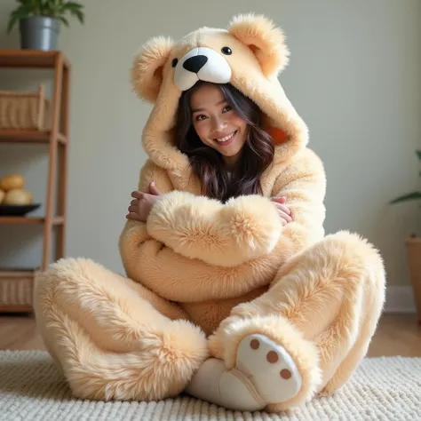 a woman sitting on the floor, wearing a large stuffed animal costume. She appears to be posing for a picture The woman is smiling, and the costume covers a significant portion of her body.