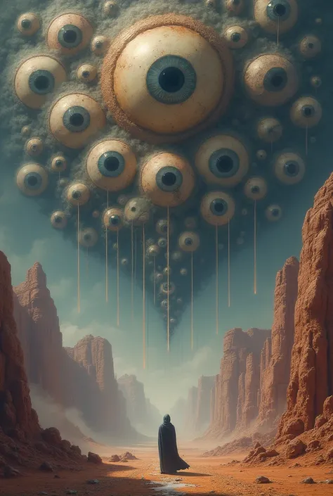 
**Prompt:**  
"Create a surrealistic collage where the sky is filled with hundreds of floating, hyper-realistic eyes of varying sizes, watching over an enigmatic landscape below. Each eye should have unique colors and intricate details, reflecting a surre...