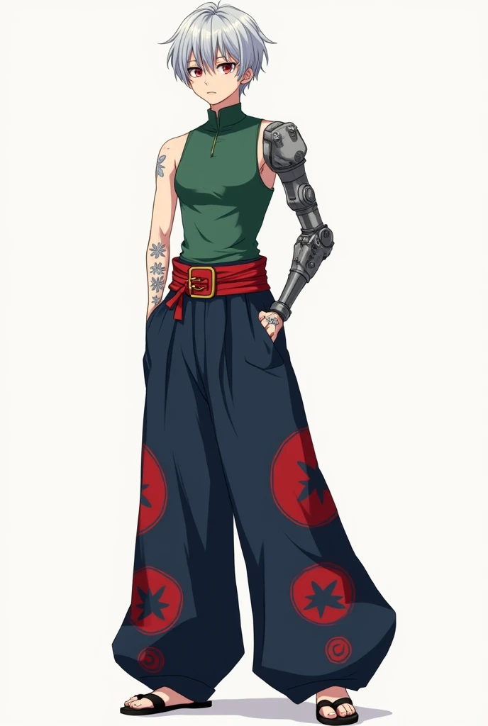 the image of an androgynous anime-style boy with silver hair and red eyes wearing a green sleeveless garment, tight around the neck, that leaves the arms and shoulders exposed, showing an effeminate appearance. A pair of navy blue trousers is loose and ori...