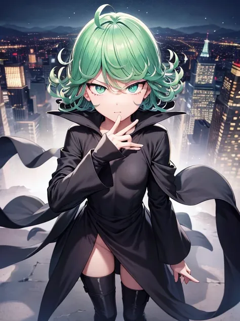 Masterpiece, best quality, ultra detailed, illustration, lighting epic, cinematic composition, 1 girl, Tatsumaki, short hair, green hair, very small breasts, green eyes, bright eyes, pouting, blushing, closed mouth, piercing gaze, full body, black scarf, b...