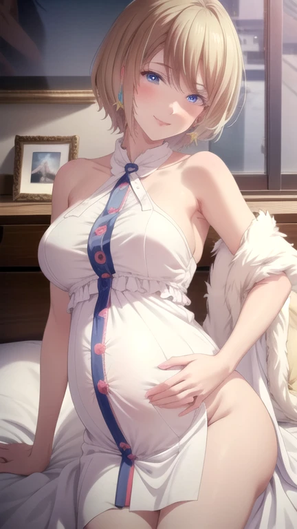 (masterpiece, Best Quality),akane hououji, 1 girl, multicolor fur, hits, by the wide, blue eyes, blonde hair, medium breasts, dress, smile, blush, looking at the viewer , in bedroom, pregnant