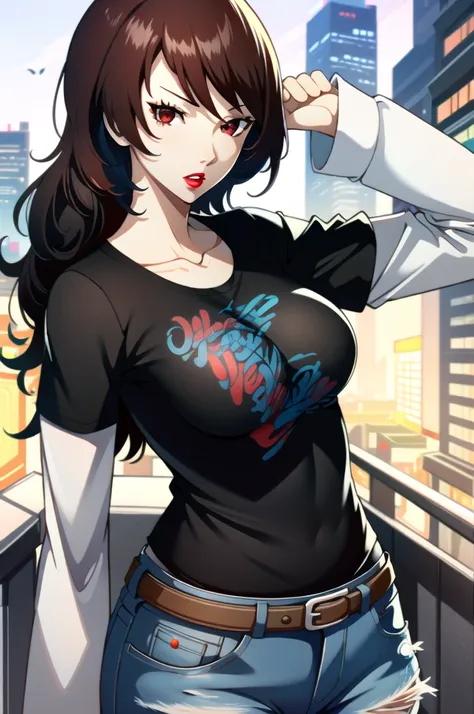 ((masterpiece, best quality))
persona3mitsuru, 1girl, solo, long hair, red hair, red eyes, black t-shirt, white shirt, jeans, be...