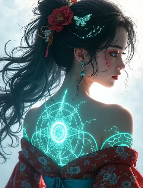 a girl (with glow(tattoo):1.15),off shoulder,  kimono