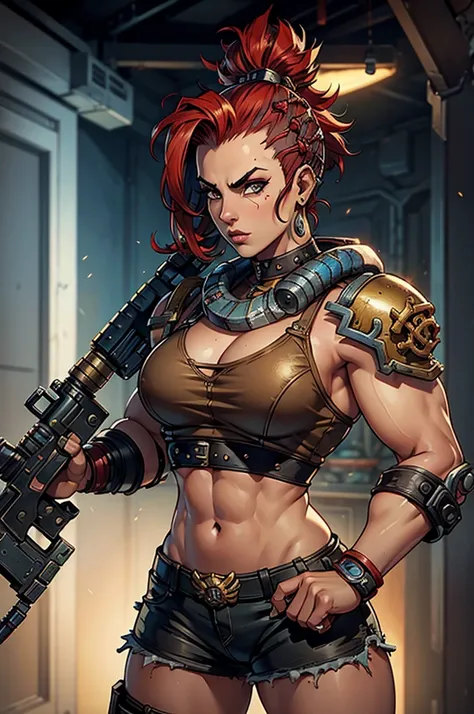 female, muscular, mohawk, fight, warhammer 40k, shotgun, portrait