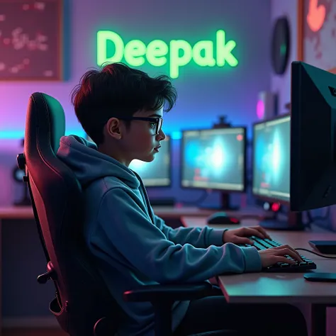 A modern coding room with an realistic aesthetic, where an 1 highly realistic indian young boy is sitting in a comfortable gaming chair. He is wearing a hoody, and spectacles. The room is filled with gaming gear like monitors, a PC, and colorful LED lighti...