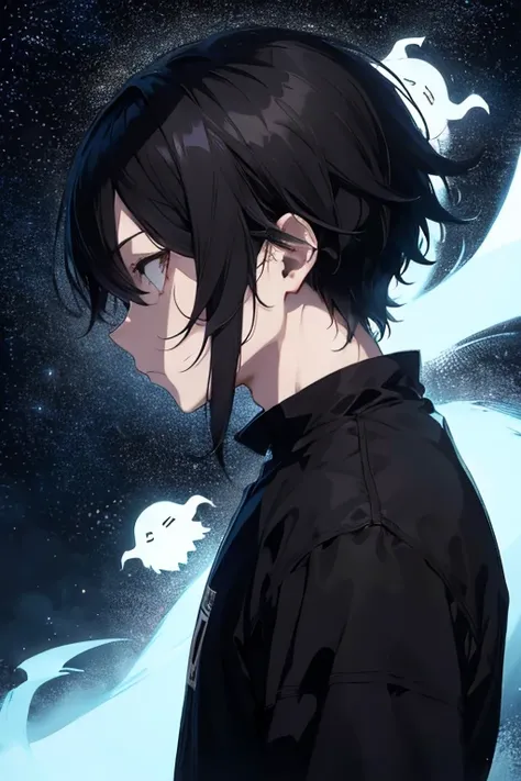 Anime boy,  ghost, dark hair, edgy vibes, depressed and alone, side profile 