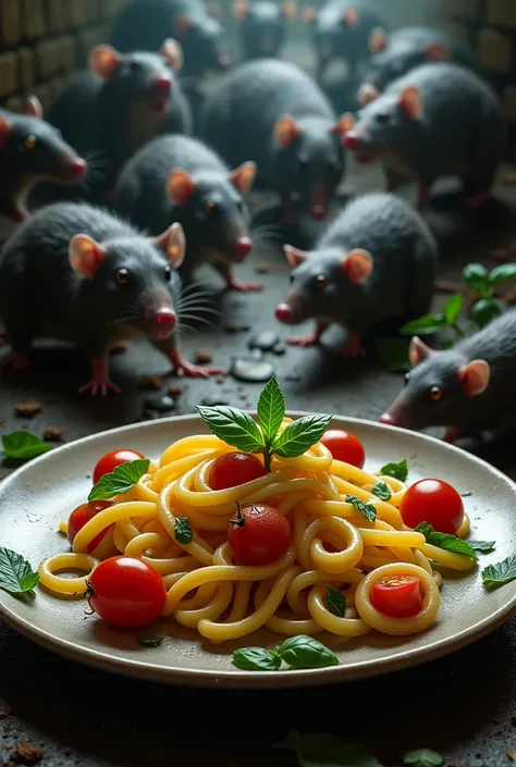 Assiette de fusilli avec des tomates cerises du basilic au milieu de rats d égouts sanguinaires