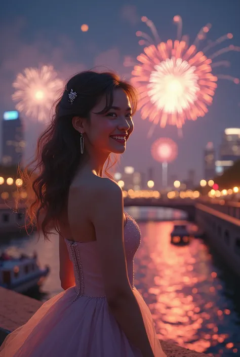 Moon Night, girl, happy face, no worries, fire cracker show, view river, over bridge, sky towers, fire crackers in the sky, merry people, close shot of girl, cute, wearing designer dress, perfect hands and legs and face, perfect body, no deformity, uhd, ul...