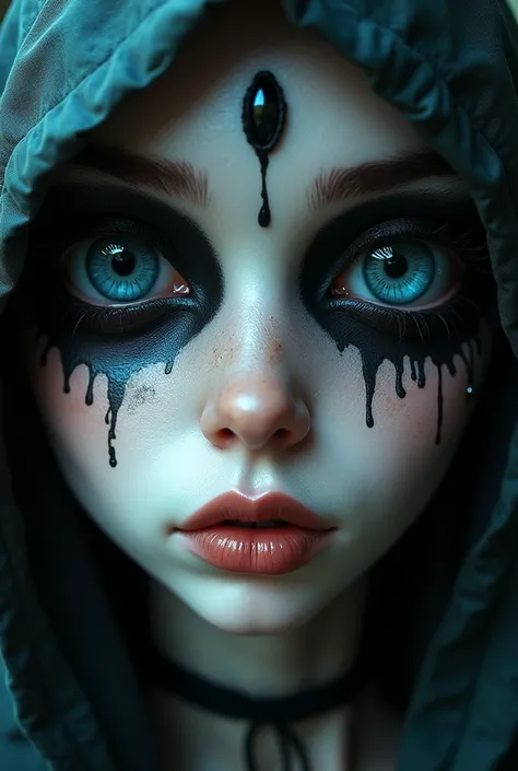 a close up of a person with blue eyes, highly detailed surreal vfx, inspired by Honoré Daumier, large entirely - black eyes, style of titmouse animation, by Antônio Parreiras, gnome, professional body paint, a woman, stopmotion animation, ,  exaggerated li...