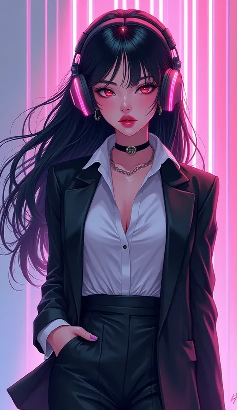 highly detailed, anime style, woman with black hair, fancy suit, glossy lips, headphones, synth wave, retro background, set against the background is minimalist, soft pink and blue palette. 