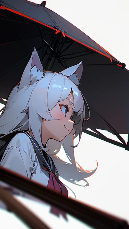 masterpiece,insanely detailed, a girls, kemono, furry face,looking down, evil smiling, grinning, narrow eyes, scrawny,side view,  white background, upper body, dutch angle shot