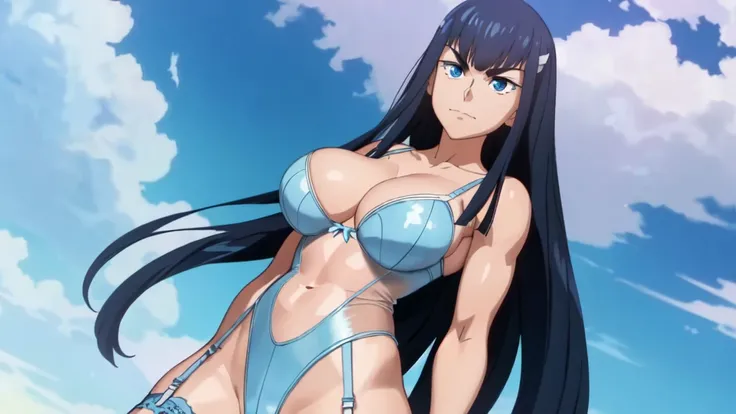 masterpiece, high quality, best quality, (((1girl))), (muscular female:1.0), (huge breasts:1.0), (closed mouth, half smile), kiryuin satsuki, blue eyes, ((hairclip, lingerie, garter belts, fishnets, leotard)), anime screencap, anime key visual, (fully clot...